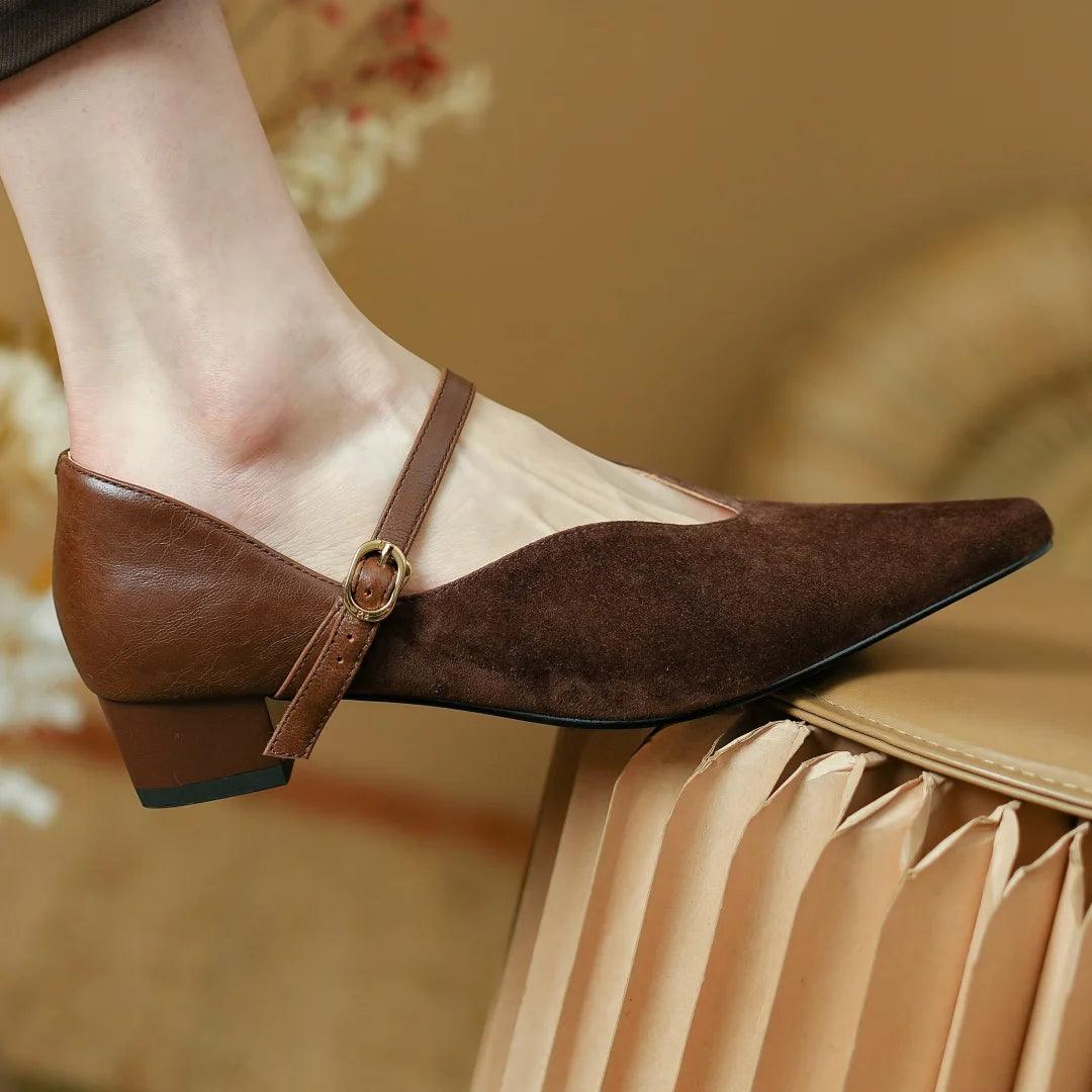 Women's genuine leather patchwork pointed toe Mary Jane pumps elegant ladies kitten heel daily slim dress heeled shoes for woman - So Real Fashion