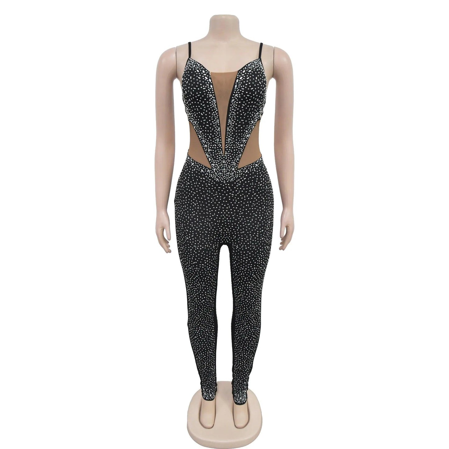 Sexy Sheer Mesh Pacthwork Rhinestone Decor Sleeveless Skinny Jumpsuit - So Real Fashion