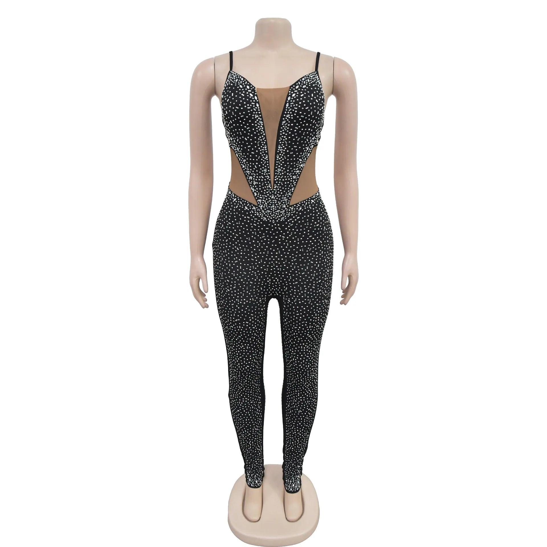 Sexy Sheer Mesh Pacthwork Rhinestone Decor Sleeveless Skinny Jumpsuit - So Real Fashion