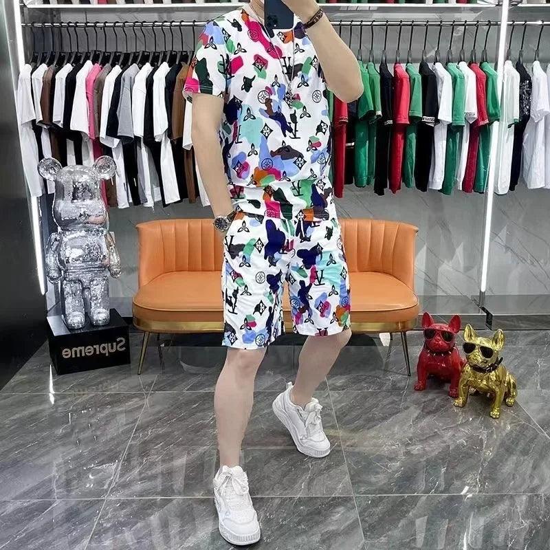 2024 Summer Street Men's Daily Casual Fashion Loose Comfortable Short Sleeve Outdoor Trend Shorts GD Fashion Stripe Print Y2KSummer Explosion Personalized Casual Suit Shorts 3D Printing 2024 European Summer New Men Handsome Trendy Breathable - So Real Fashion