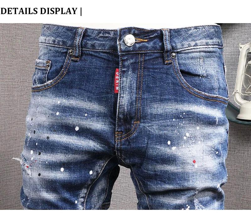 Fashion Streetwear Men Jeans Retro Blue Elastic Slim Fit Ripped Jeans Men Painted Designer Elastic Hip Hop Denim Pencil Pants - So Real Fashion