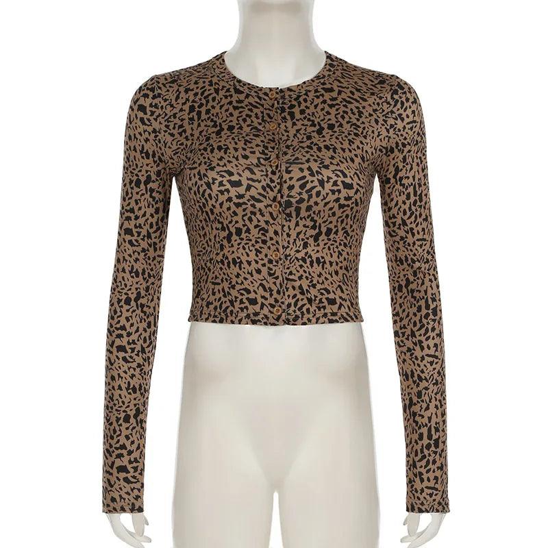 Nibber 2 Piece Set Leopard Print Woman Button-Down Mini Long-Sleeved Top+Cropped Trousers Sexy Comfortable Wild Midnight Suit - So Real Fashion