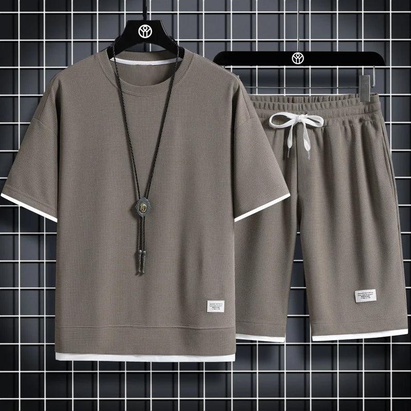 Men's new Waffle Summer Suit 2024 Casual T-shirt + Shorts Suit Men's Tracksuit Solid color tracksuit loose suit - So Real Fashion