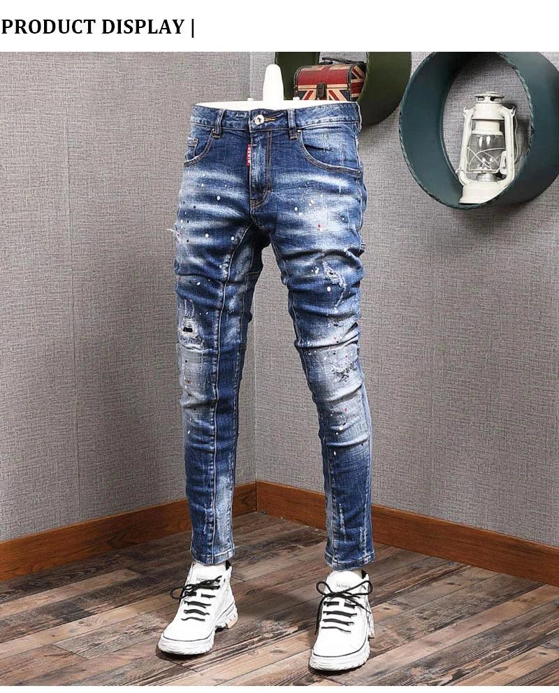 Fashion Streetwear Men Jeans Retro Blue Elastic Slim Fit Ripped Jeans Men Painted Designer Elastic Hip Hop Denim Pencil Pants - So Real Fashion