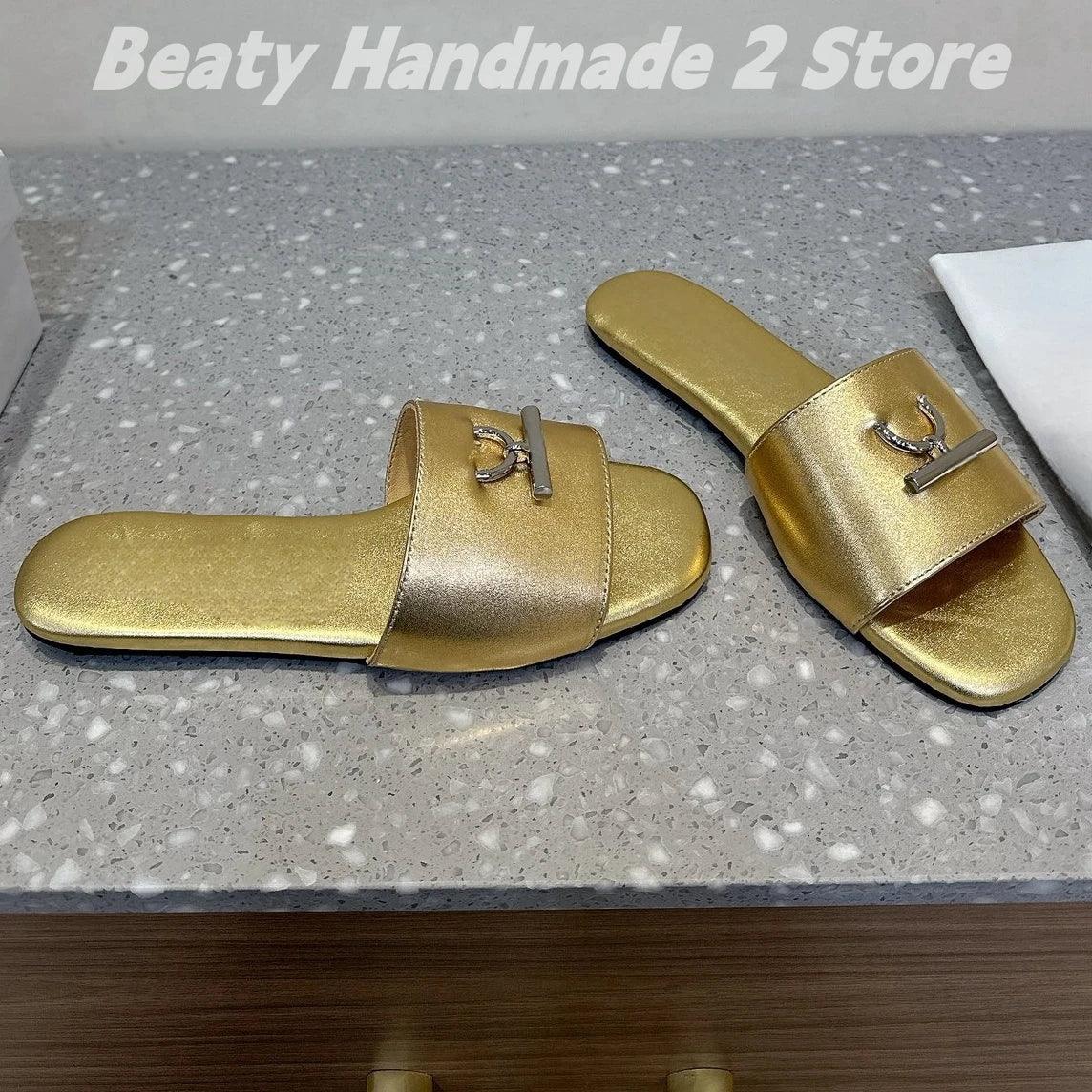 Top Quality Leather Square Toes Solid Woman Slippers Flat With Metal Decoration Pantuflas Mujer Luxury Pull On Modern Slippers - So Real Fashion