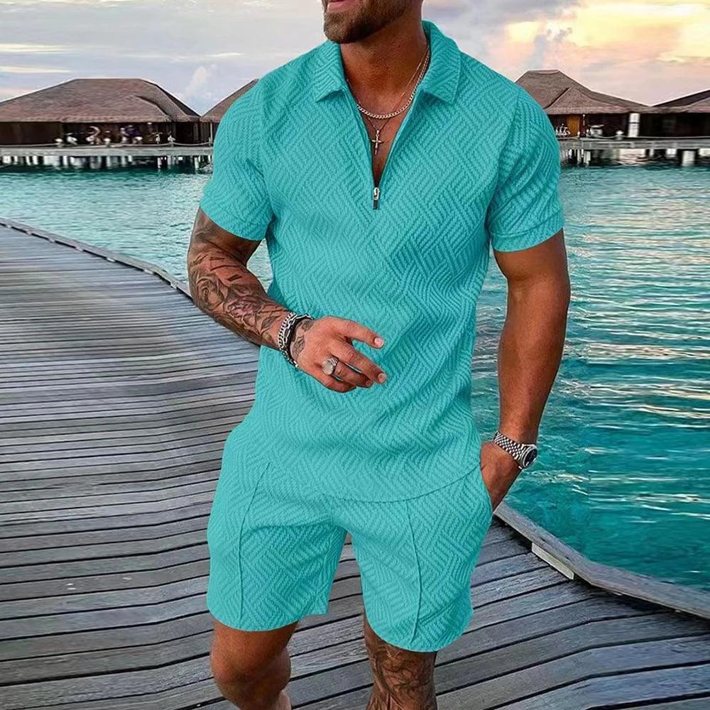 Men's Athletic T-Shirt Set Casual Mesh Lapel Short Sleeve Pullover Tops+Shorts 2-Piece Male Solid Thin Sporty Suits Black Zipper - So Real Fashion