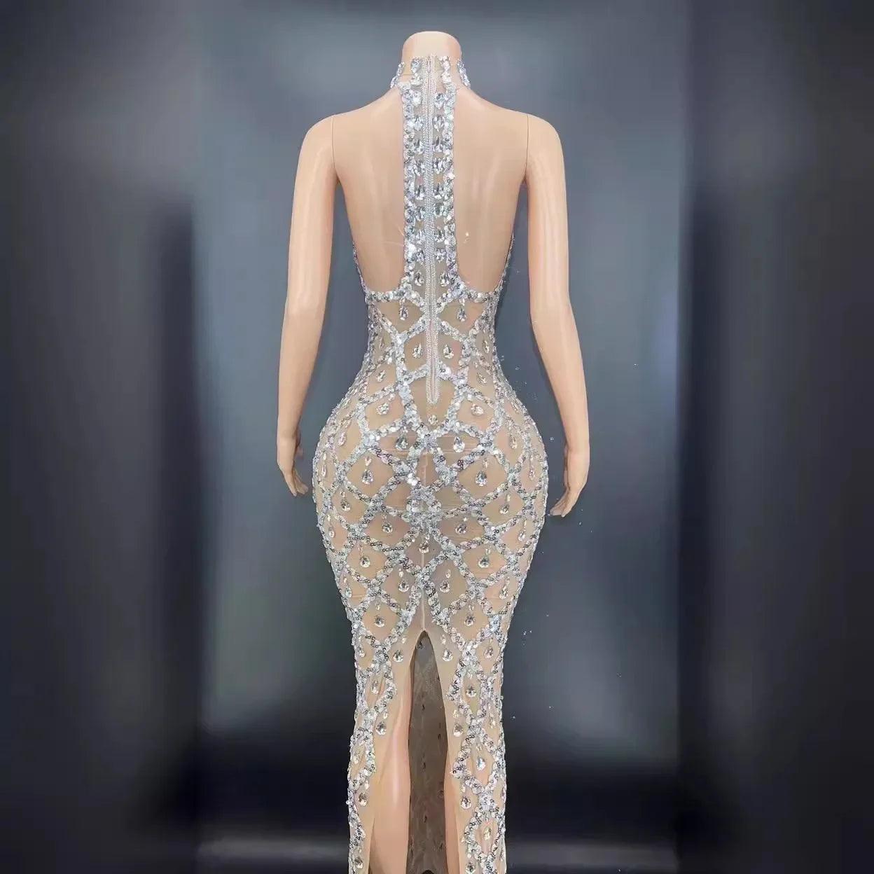 Women Sexy Sparkly Rhinestone Silver Dress Backless Cocktail Wedding Guest Evening DressBackless Transparent Long Dress - So Real Fashion