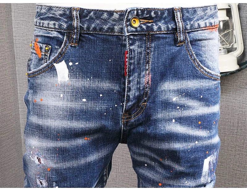 Fashion Streetwear Men Jeans Retro Blue Elastic Slim Fit Ripped Jeans Men Painted Designer Elastic Hip Hop Denim Pencil Pants - So Real Fashion