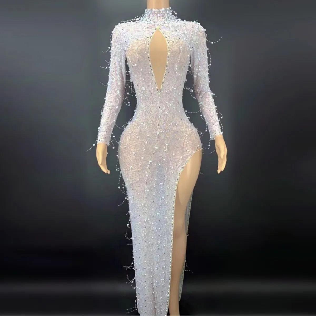 Sexy Silver Rhinestone Sequins Long Sleeves Transparent Dress Evening Birthday Costume Women Dancer Celebrate Show Outfit - So Real Fashion