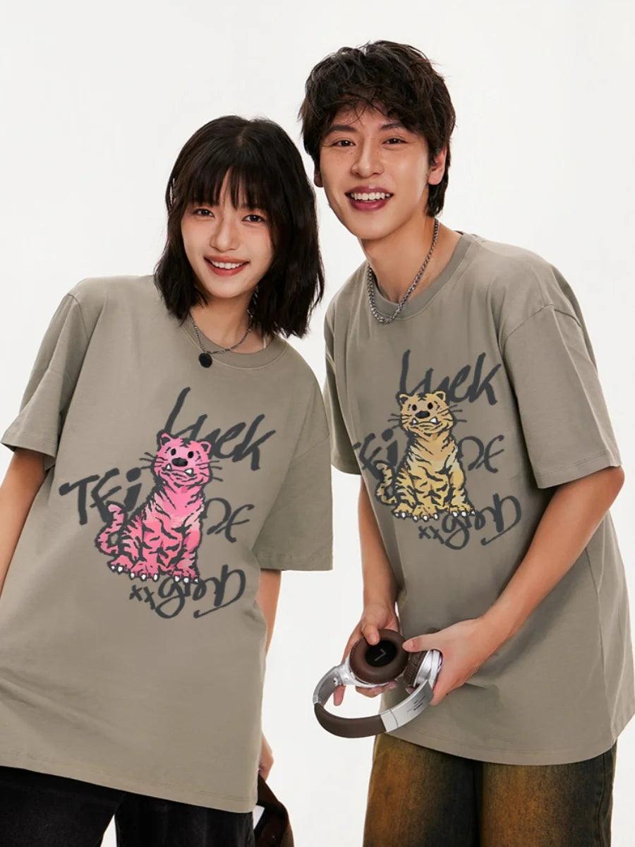 Cute Tiger Pattern High Quality Couple Clothing Summer New Breathable Round Neck Cotton T-shirt - So Real Fashion