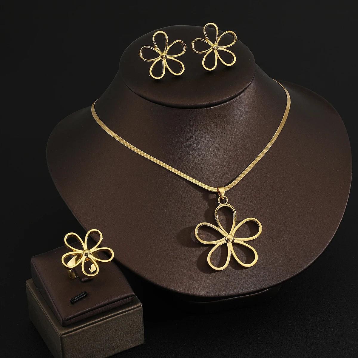 Golden Stainless steel necklace + earrings + ring Set for Women's Jewelry glossy round geometric flowers Pendant Fashion Gift - So Real Fashion