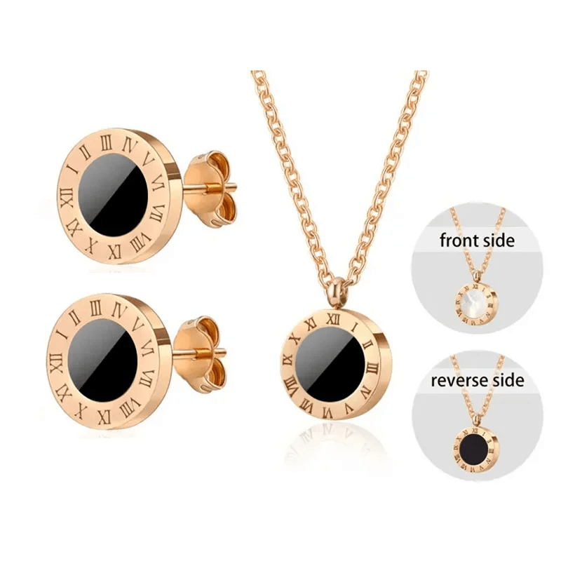 Stainless Steel Roman Numeral Black White Shell Necklace Earring For Women Fashion Round Pendant Collar Female Party Jewelry - So Real Fashion