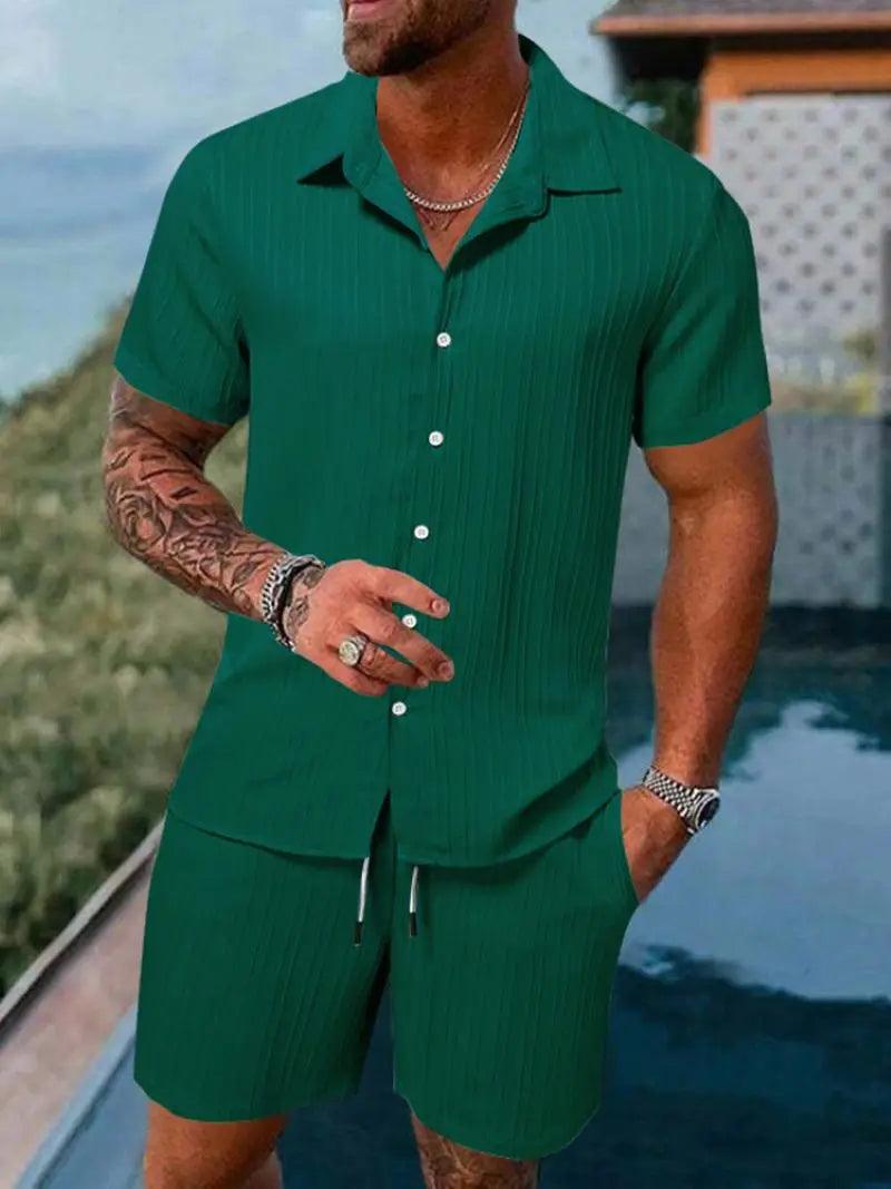 Men's beach suit striped solid color short sleeve shorts shirt Sports casual breathable lightweight high quality men's wear ins - So Real Fashion