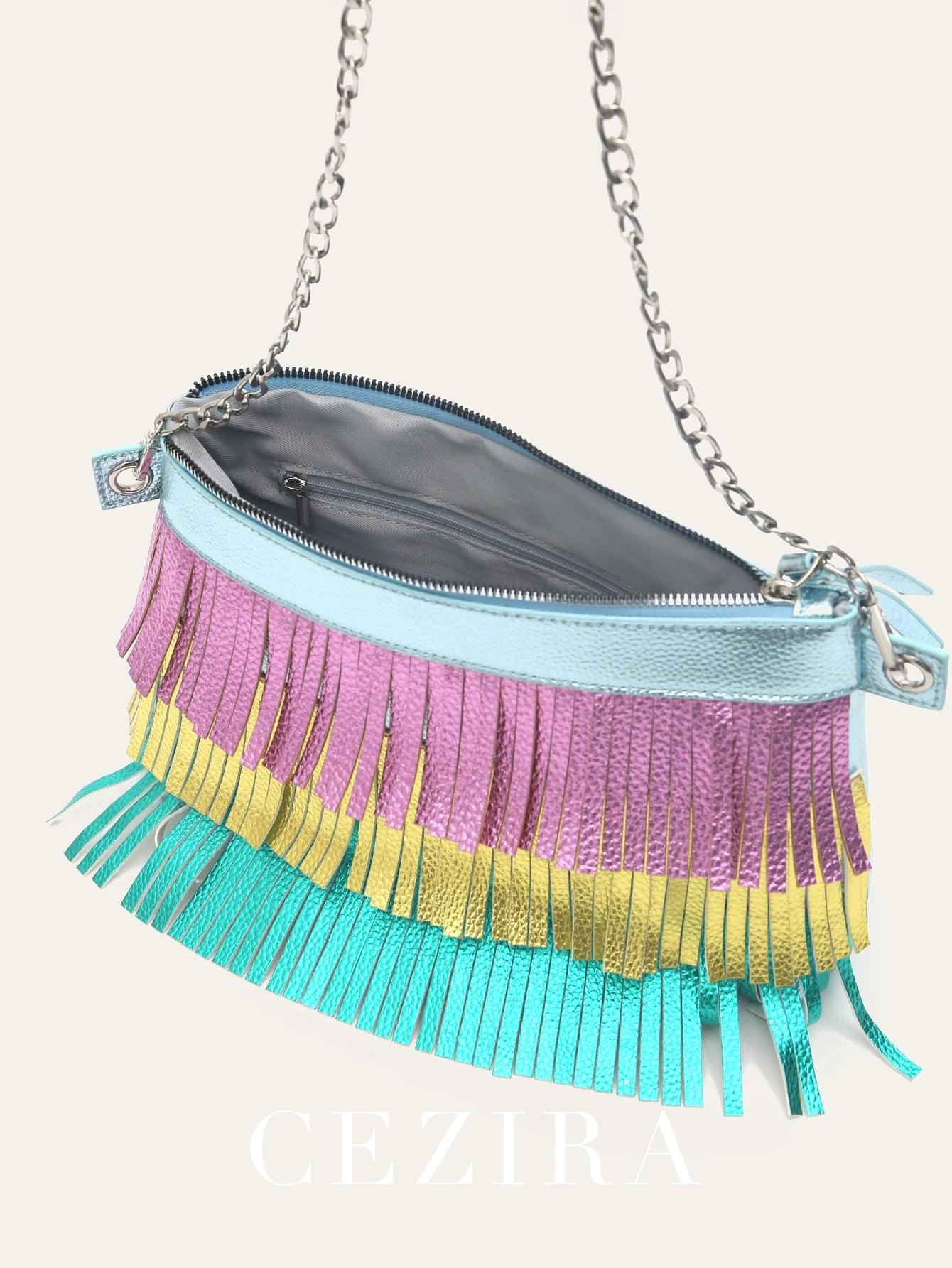 Vegan Leather Colorful Tassel Fringe Handbag Women Fashion Chic Chain Shoulder Cross body Bag - So Real Fashion