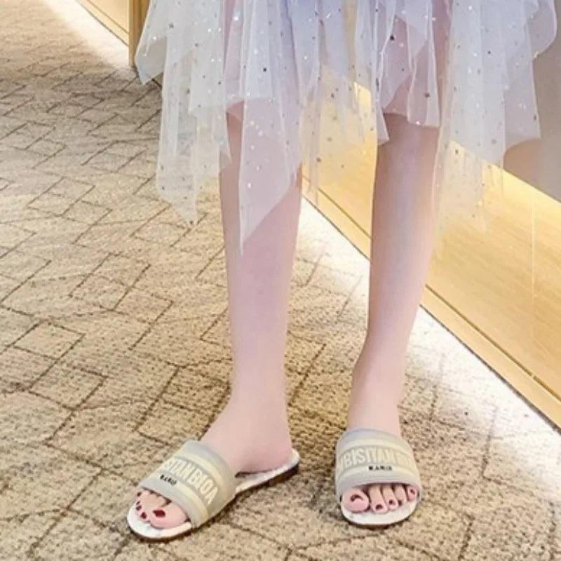 Women's Fashion Flat Slippers Summer New Round Head Open Toe Letter Embroidery Soft Soled Non-slip Sandals - So Real Fashion