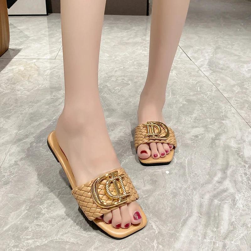 Women Slippers Luxury Decor Weave Designer Flat Sandals Fashion Open-toe Vacation Slides Women Party Sexy Elegant Slippers Women - So Real Fashion