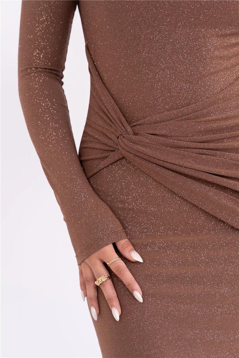 Mozision Sparkle Long Sleeve Sexy Maxi Dress For Women Inclined Shoulder Backless Bodycon Ruched Club Party Sexy Long Dress - So Real Fashion