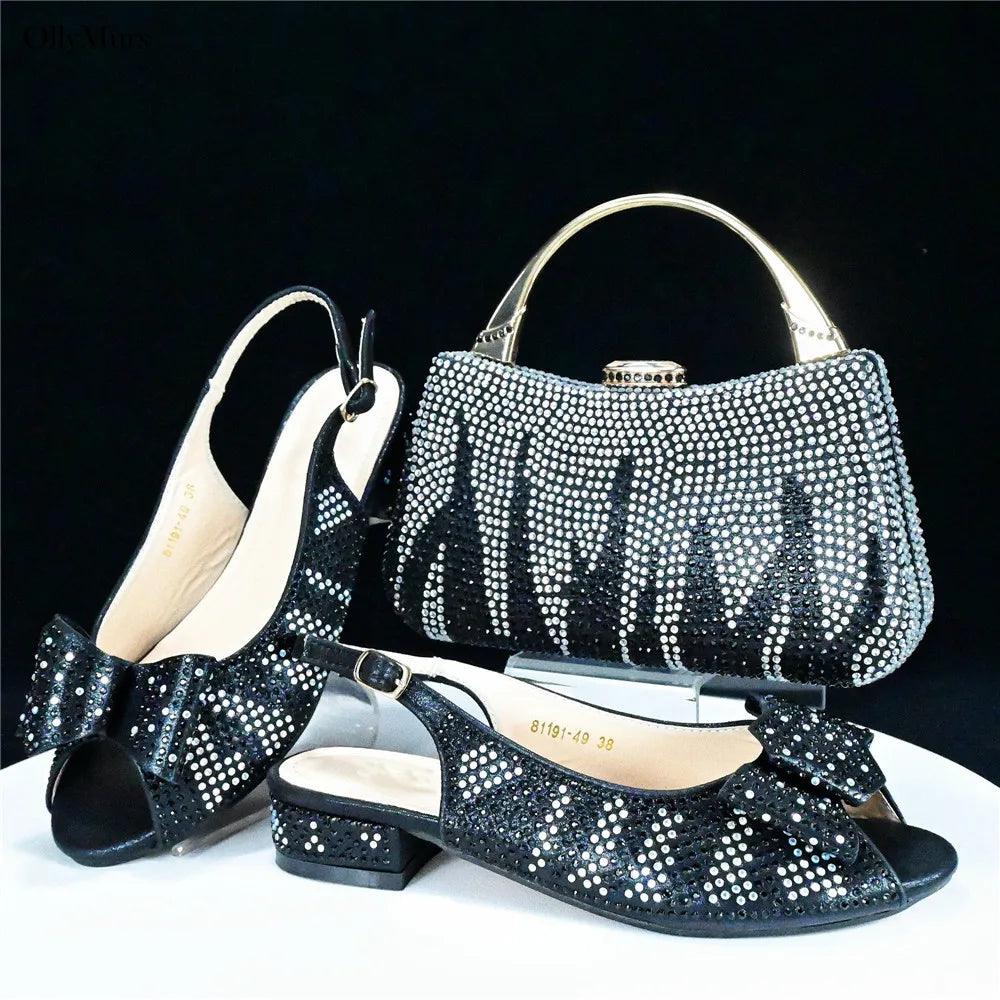 Autumn Fashion PU With Rhinestone Woman Sandal Shoes And Bag Set Elegant Low Heels Shoes And Bag To Match Set For Party - So Real Fashion