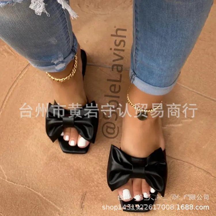 Fashion Summer Plus Size One-line Solid Color Bow Flat Sandals Outdoor Beach Slippers Elegant Women Shoes. - So Real Fashion