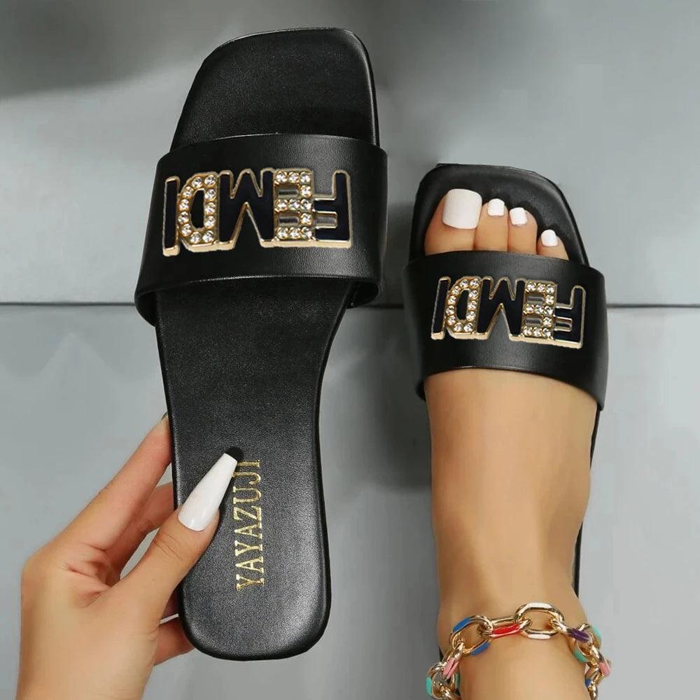 Women Luxury Fashion Single Band Slides Minimalist Plain Outdoor Flat 2023 Sandals Summer New Sandy Beach Slippers Open Toe Shoe - So Real Fashion