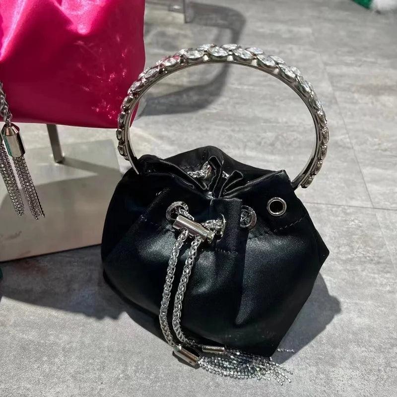 Luxury Designer Glitter Diamonds Tassel Bucket Bag Metal Ring Handheld Women's Handbag Wedding Party Clutch Purse Shoulder Bag - So Real Fashion