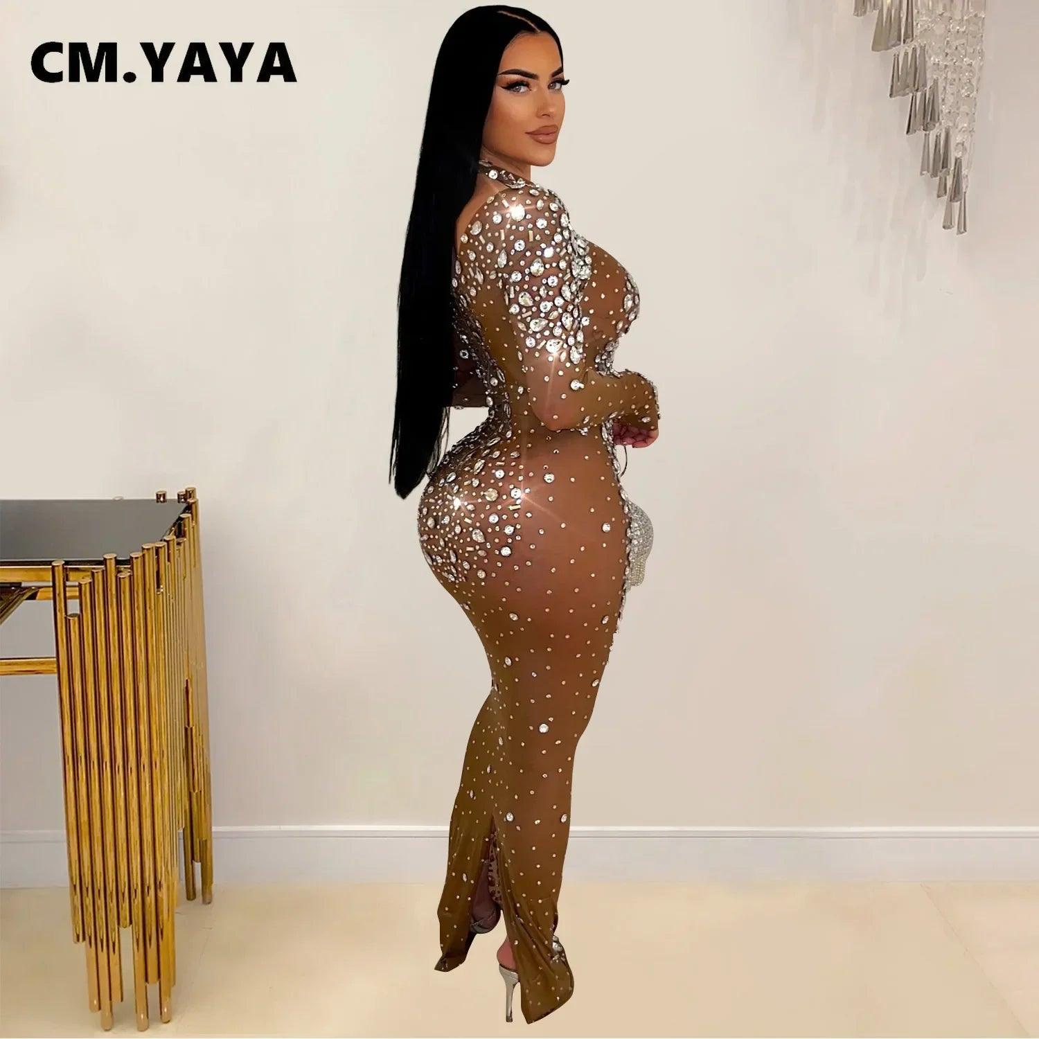 Women Long Sleeve Mesh Diamonds Hot Rhinestones Bodycon Midi Dress Women’s Maxi Long Evening Birthday Dresses - So Real Fashion