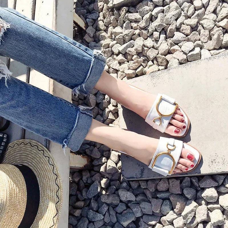 Summer Women Slippers Leather Square Toe Women Flats Flip Flops Designer Ladies Slides Sandals Women Shoes Luxury Sandals - So Real Fashion