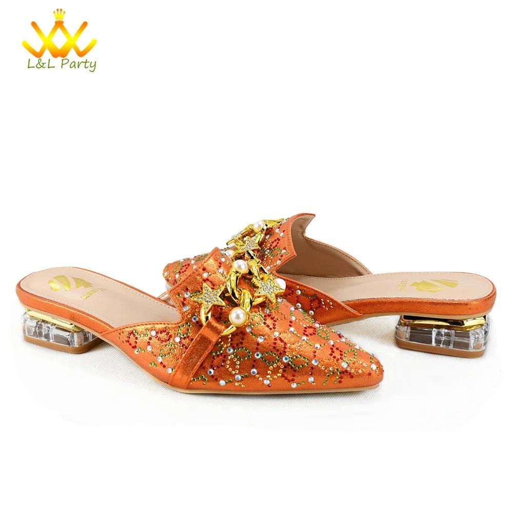 Low Heels Comfortable Sweet Style Italian Design Shoes Matching Bag Set in Orange Color High Quality with Crystal for Dress - So Real Fashion