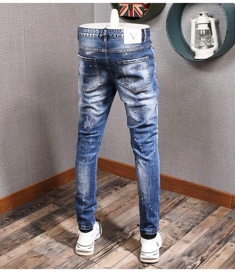 Fashion Streetwear Men Jeans Retro Blue Elastic Slim Fit Ripped Jeans Men Painted Designer Elastic Hip Hop Denim Pencil Pants - So Real Fashion