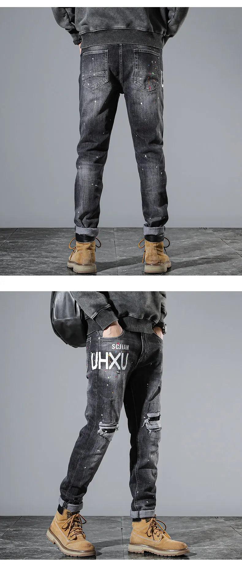 Ripped Jeans Men Black Gray Slim Stretch Hip Hop Denim Pants Moto Patch Distressed Trousers Man Grunge Letters Original Designer - So Real Fashion