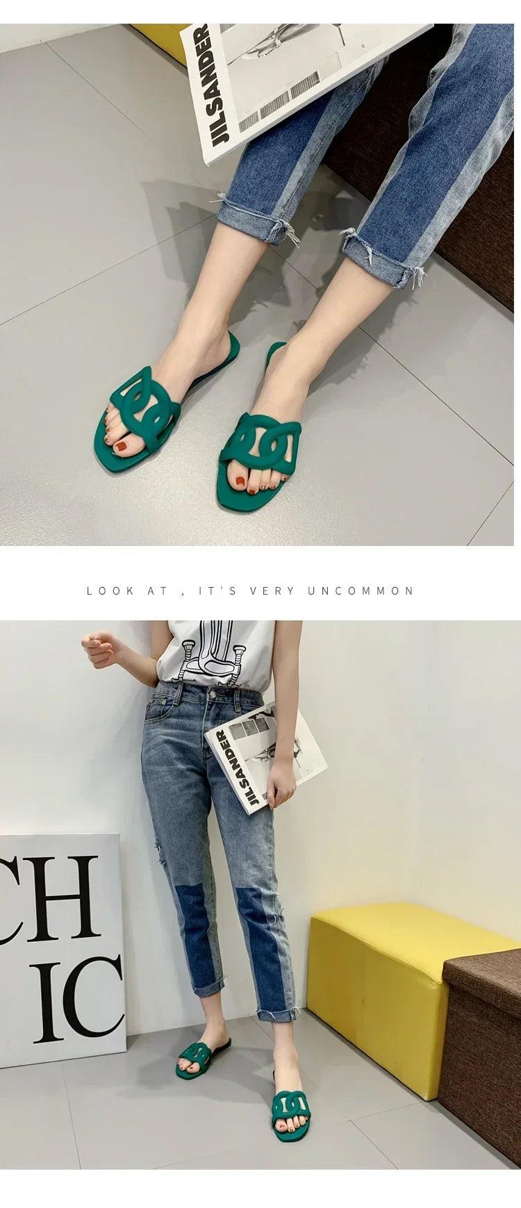 2025 New Women's Slippers Pig Nose Flat Jelly Slippers Women Open Toe One-Word Drag Net Infrared Wear Beach Sandals - So Real Fashion