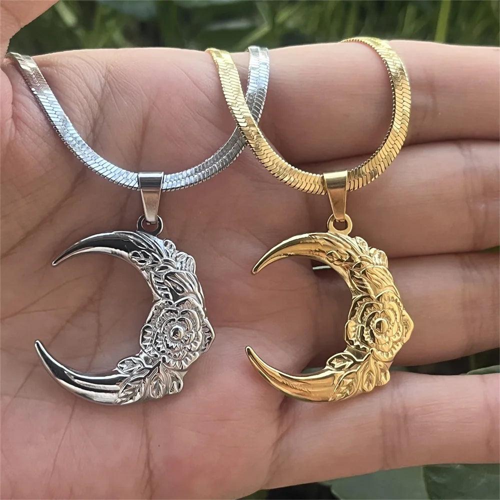 Aesthetic Flower Moon Crescent Necklace for Women Men Stainless Steel Snake Blade Chain Bohemia Chain Gift Jewelry collar - So Real Fashion