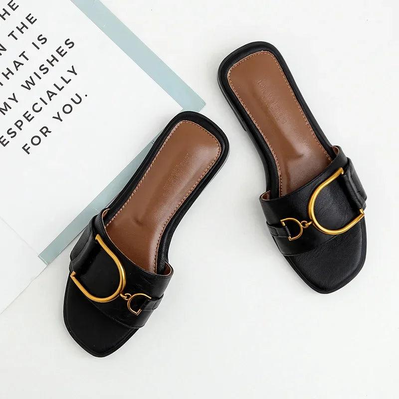 Summer Women Slippers Leather Square Toe Women Flats Flip Flops Designer Ladies Slides Sandals Women Shoes Luxury Sandals - So Real Fashion