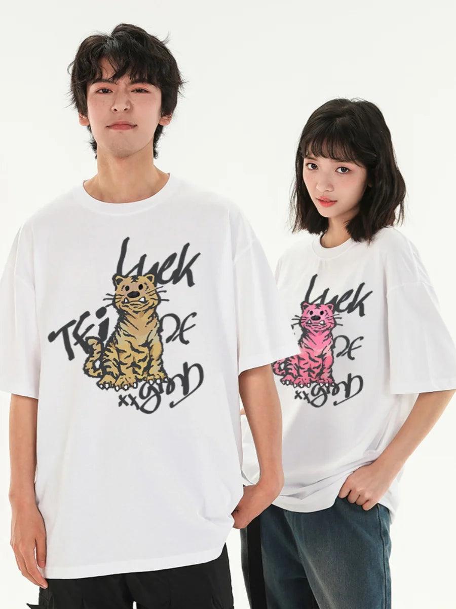 Cute Tiger Pattern High Quality Couple Clothing Summer New Breathable Round Neck Cotton T-shirt - So Real Fashion