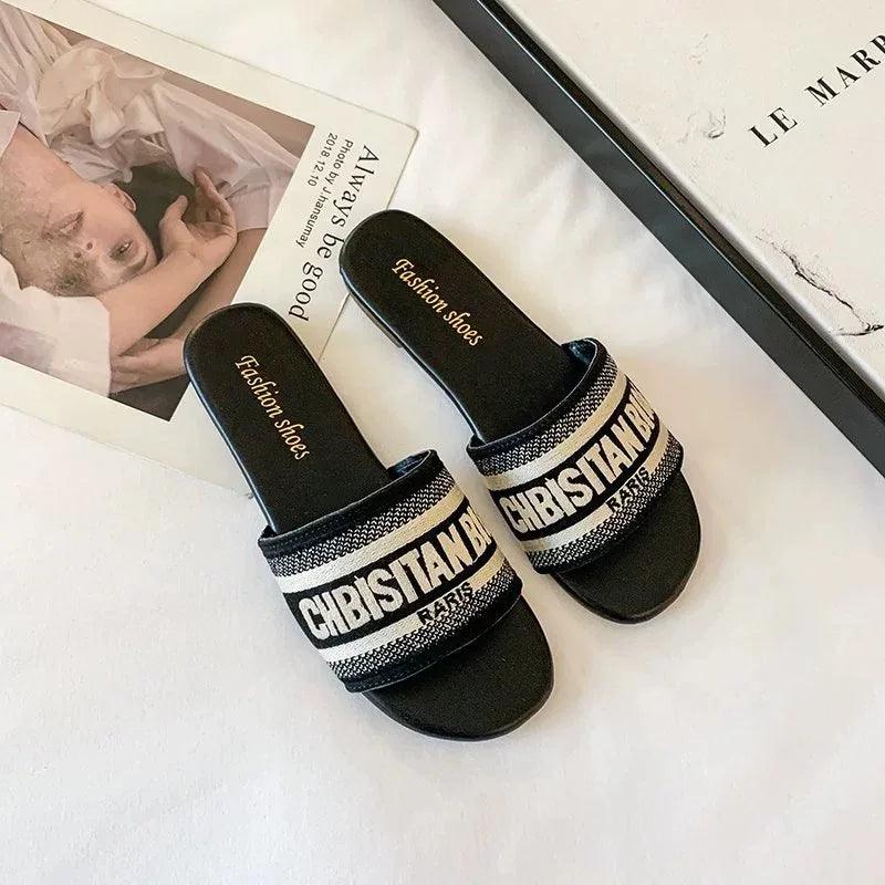 Women's Fashion Flat Slippers Summer New Round Head Open Toe Letter Embroidery Soft Soled Non-slip Sandals - So Real Fashion