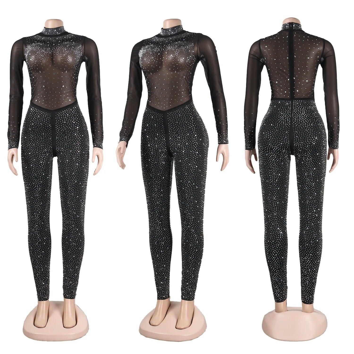 Sexy Party Jumpsuits Women Autumn Solid Mesh Diamond Fashion Long Sleeve Pants Jumpsuit Clubwear Female Overalls Streetwear - So Real Fashion