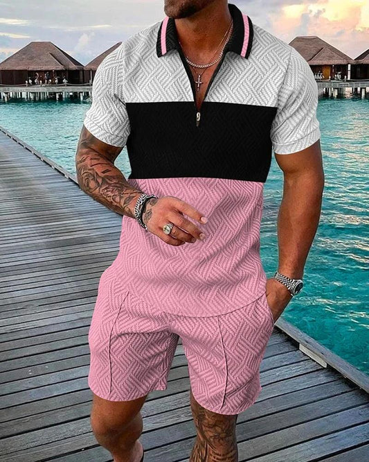 Men's Summer Tracksuit Sports Suit Men Set 3D Printed Casual Short Sleeve T Shirt Lapel Zip Polo Shirt Male Clothing Jogging - So Real Fashion