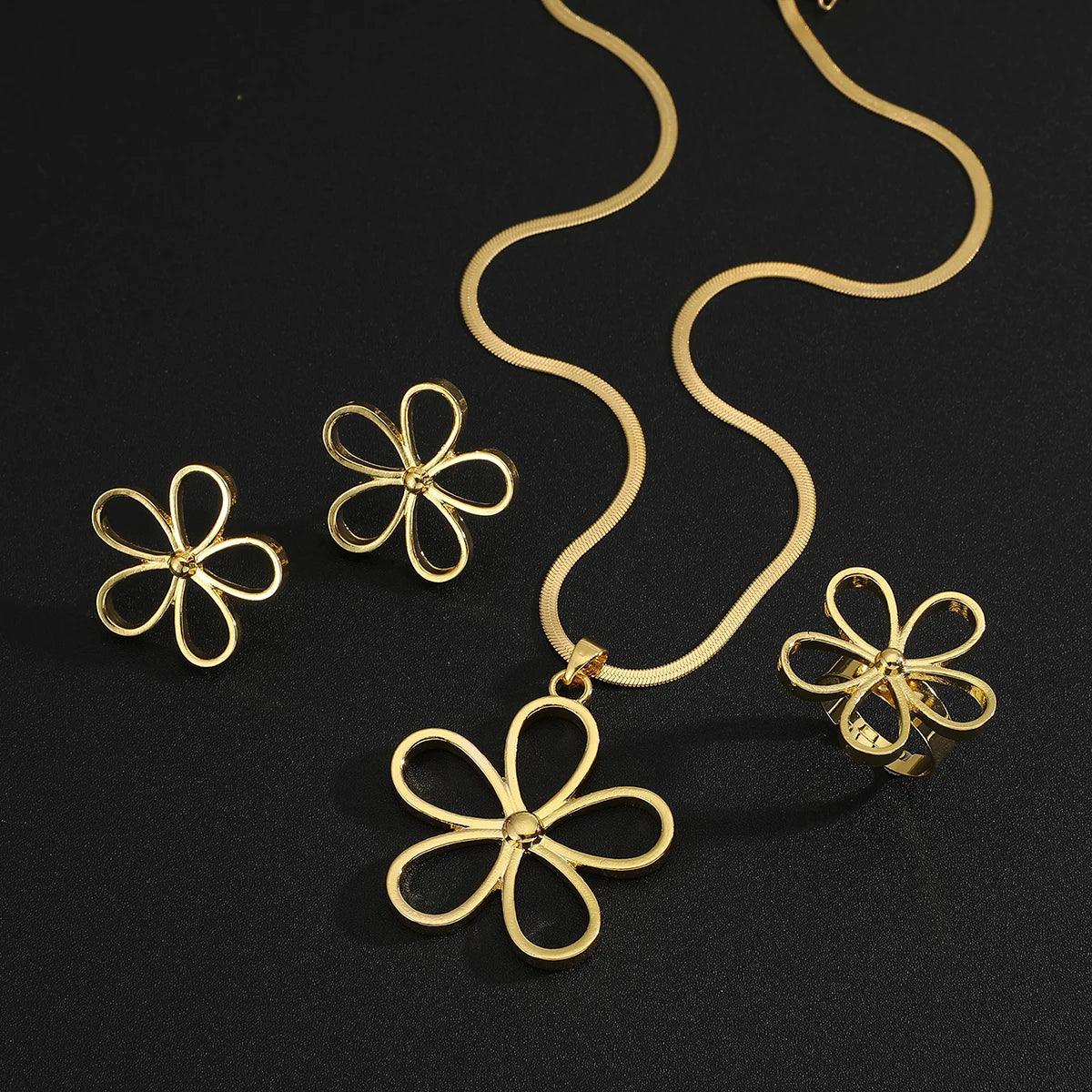 Golden Stainless steel necklace + earrings + ring Set for Women's Jewelry glossy round geometric flowers Pendant Fashion Gift - So Real Fashion