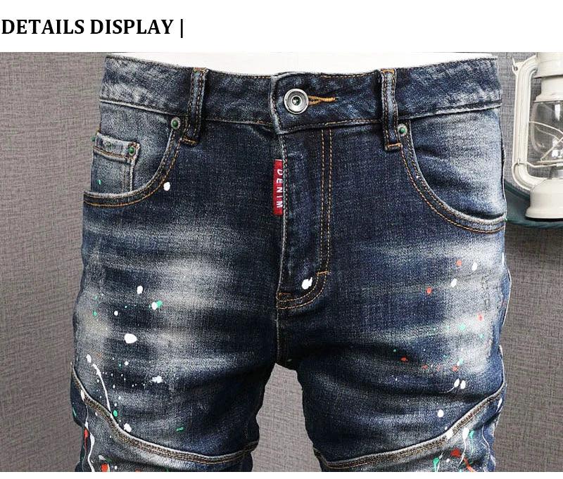 Fashion Streetwear Men Jeans Retro Blue Elastic Slim Fit Ripped Jeans Men Painted Designer Elastic Hip Hop Denim Pencil Pants - So Real Fashion