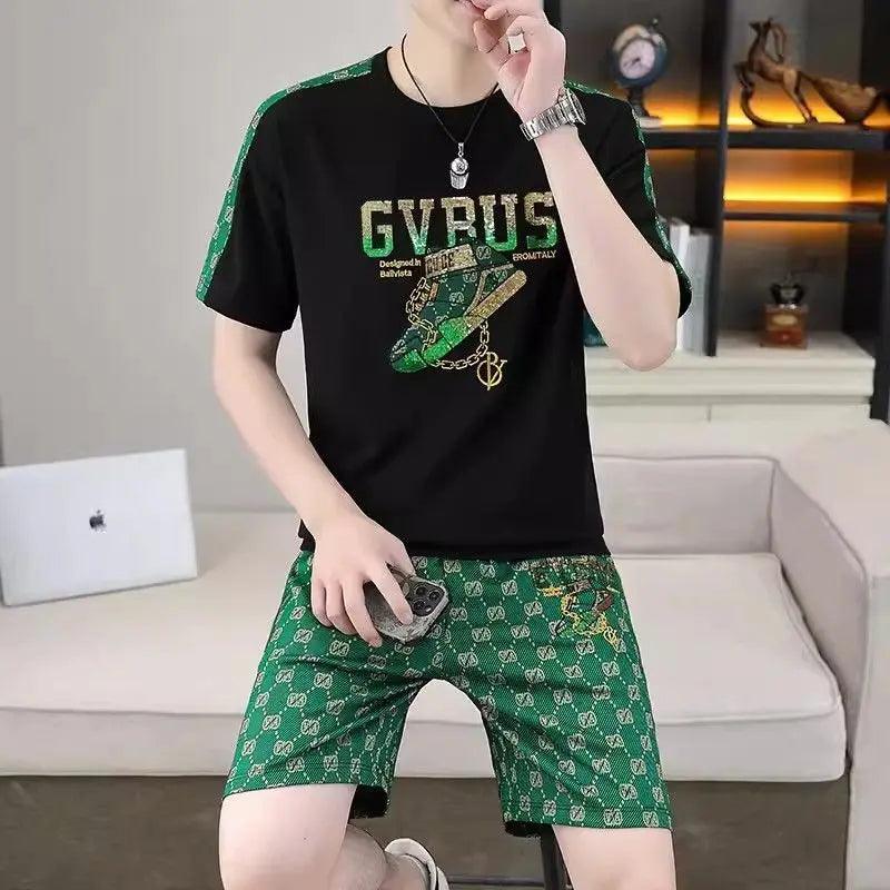 2025 New Men's Clothing Handsome Splicing Printed Short-sleeved T-shirt Shorts Trendy Brand Sports Quick-drying Casual Suit - So Real Fashion