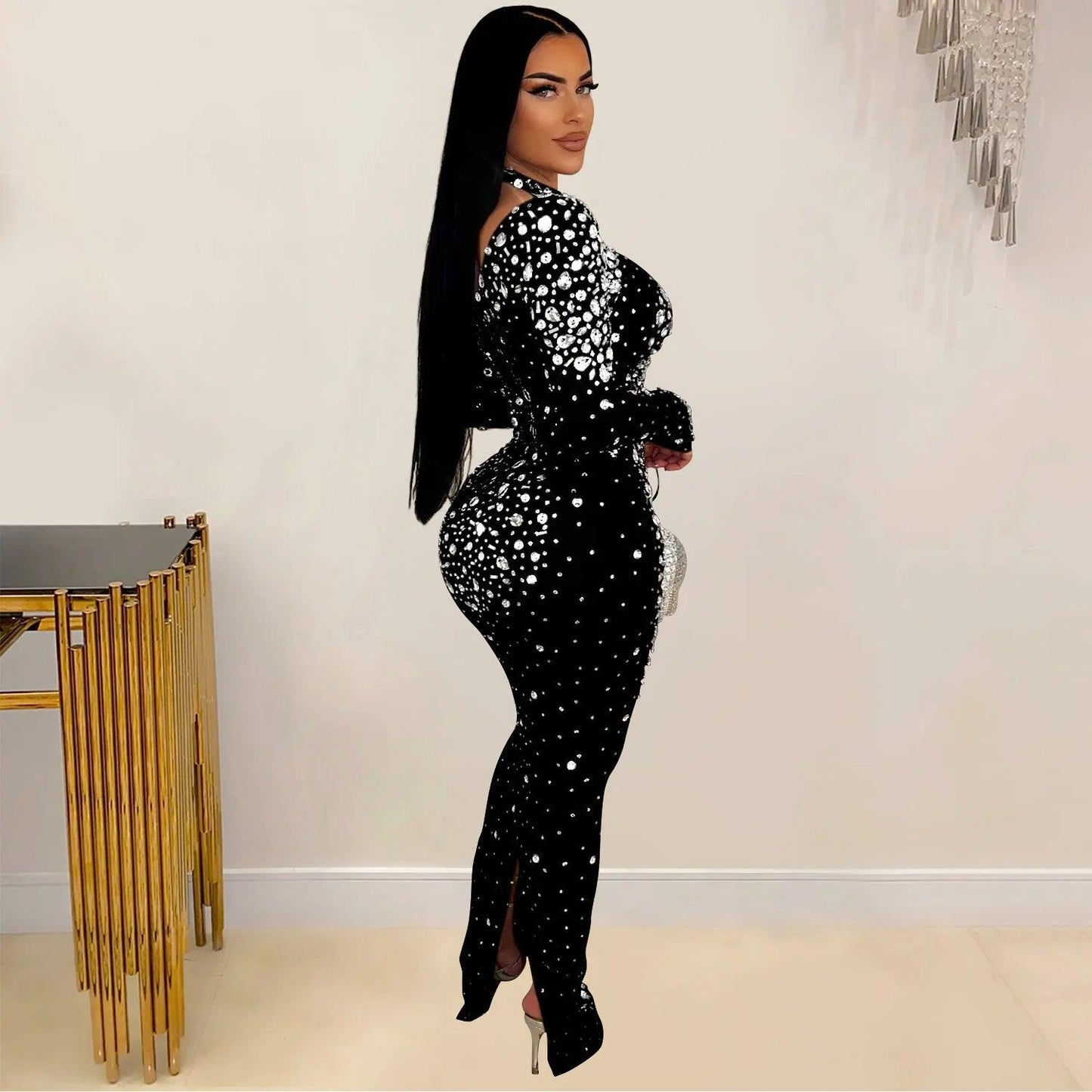 Women Long Sleeve Mesh Diamonds Hot Rhinestones Bodycon Midi Dress Women’s Maxi Long Evening Birthday Dresses - So Real Fashion