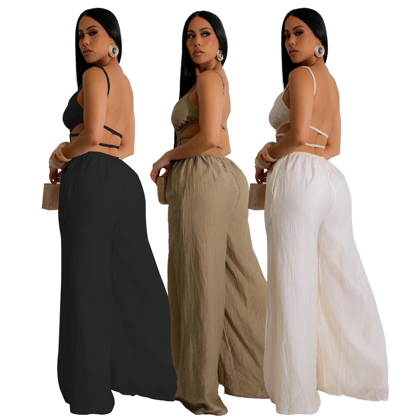 Women Sleeveless Strap V-neck Backless Wide Leg Long Jumpsuits 2025 Summer Beach Night Club Street Sexy Outfit Rompers - So Real Fashion