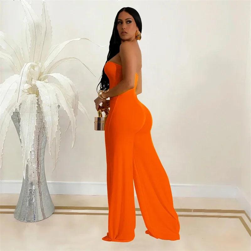 Metal Ring Tube Strapless Wide Leg Overall Jumpsuit Women Elegant Sleeveless Backless Rompers Night Club Party Birthday Outfits - So Real Fashion