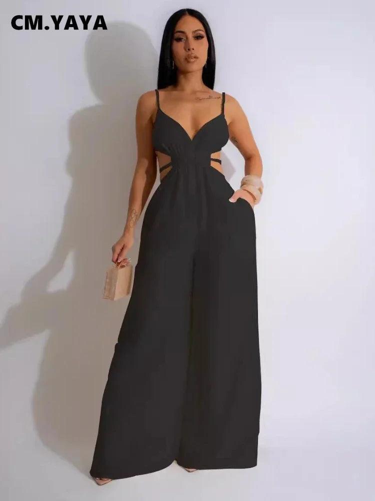 Women Sleeveless Strap V-neck Backless Wide Leg Long Jumpsuits 2025 Summer Beach Night Club Street Sexy Outfit Rompers - So Real Fashion