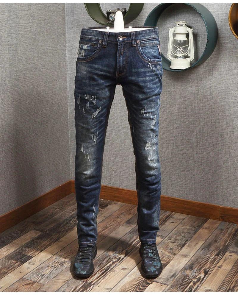 Newly Designer Fashion Men Jeans Retro Blue Elastic Slim Fit Ripped Jeans Men Italian Style Vintage Casual Denim Pants Hombre - So Real Fashion