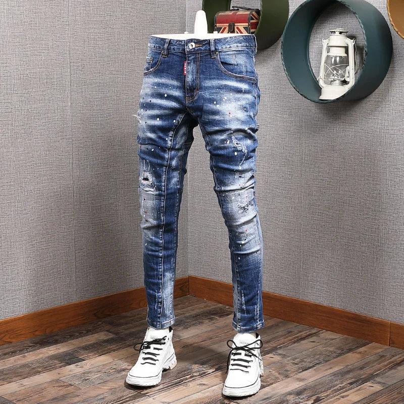 Fashion Streetwear Men Jeans Retro Blue Elastic Slim Fit Ripped Jeans Men Painted Designer Elastic Hip Hop Denim Pencil Pants - So Real Fashion