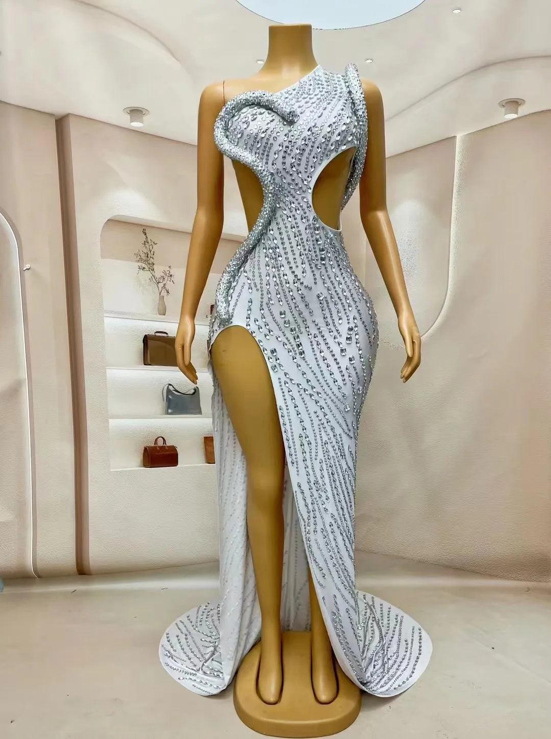 Sexy Stage Luxury Silver Sparkly Rhinestones Split Long Train Dress Wedding Evening Birthday Celebrate Sexy Big Tail Dress - So Real Fashion