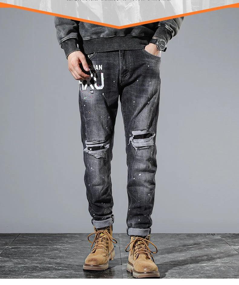 Ripped Jeans Men Black Gray Slim Stretch Hip Hop Denim Pants Moto Patch Distressed Trousers Man Grunge Letters Original Designer - So Real Fashion