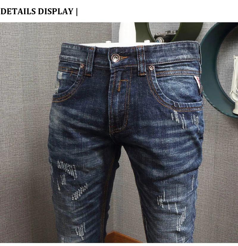 Newly Designer Fashion Men Jeans Retro Blue Elastic Slim Fit Ripped Jeans Men Italian Style Vintage Casual Denim Pants Hombre - So Real Fashion