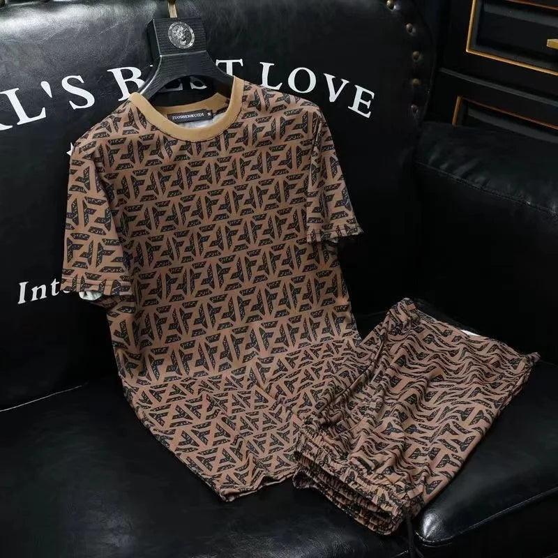 Alphabet Printed Summer Short Sleeve Shorts Suit Men's Trendy Brand Round Neck Slim Men's Short Sleeve Suit - So Real Fashion